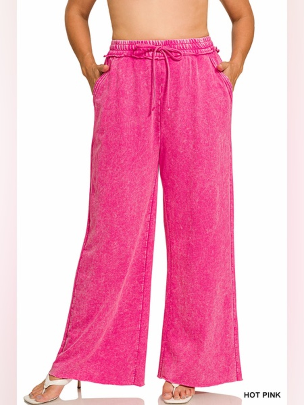 Zenana French Terry Pink Wide-Leg Lounge Pants in Plus Sizes